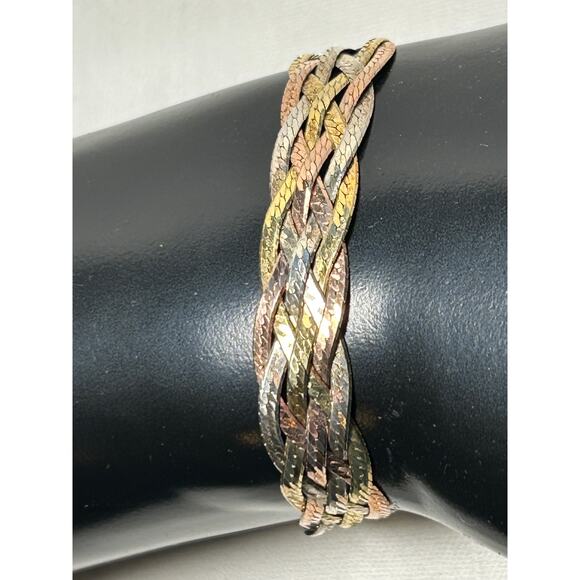 925 Tritone Braided Herringbone Bracelet 7 3/4” Vintage - Picture 3 of 10